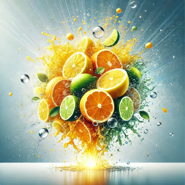 A vibrant explosion of citrus fruits—lemons, oranges, and limes—bursting into a splash of juice, symbolizing freshness and cleanliness. Sparkling wate